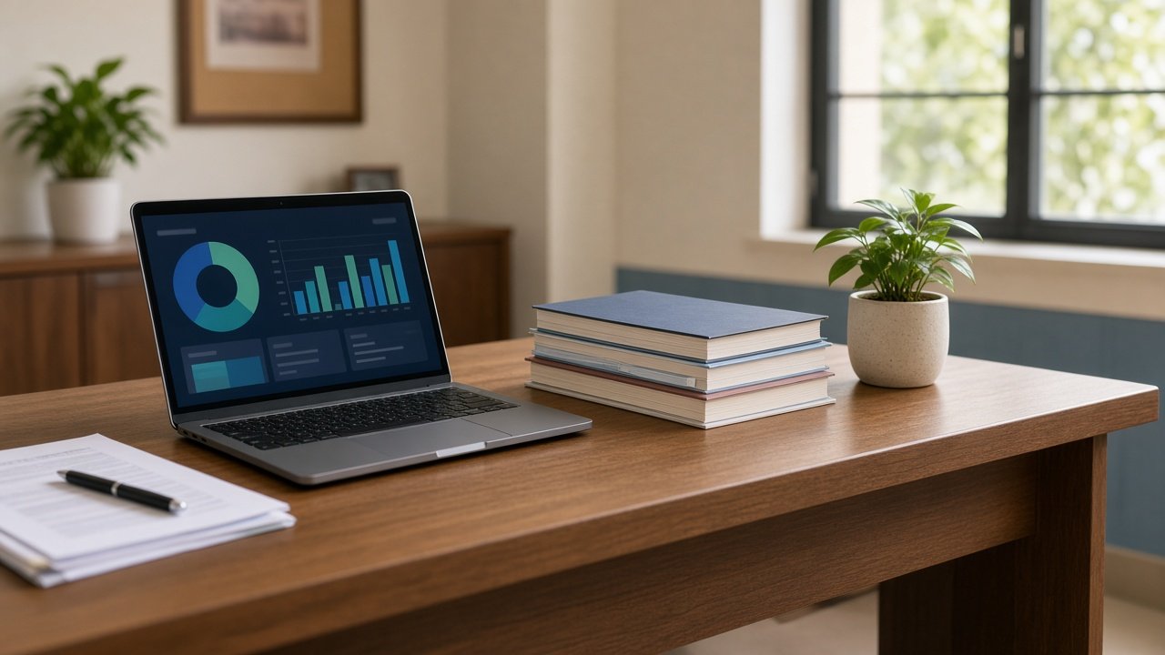 A school office desk with the day’s figures on one screen